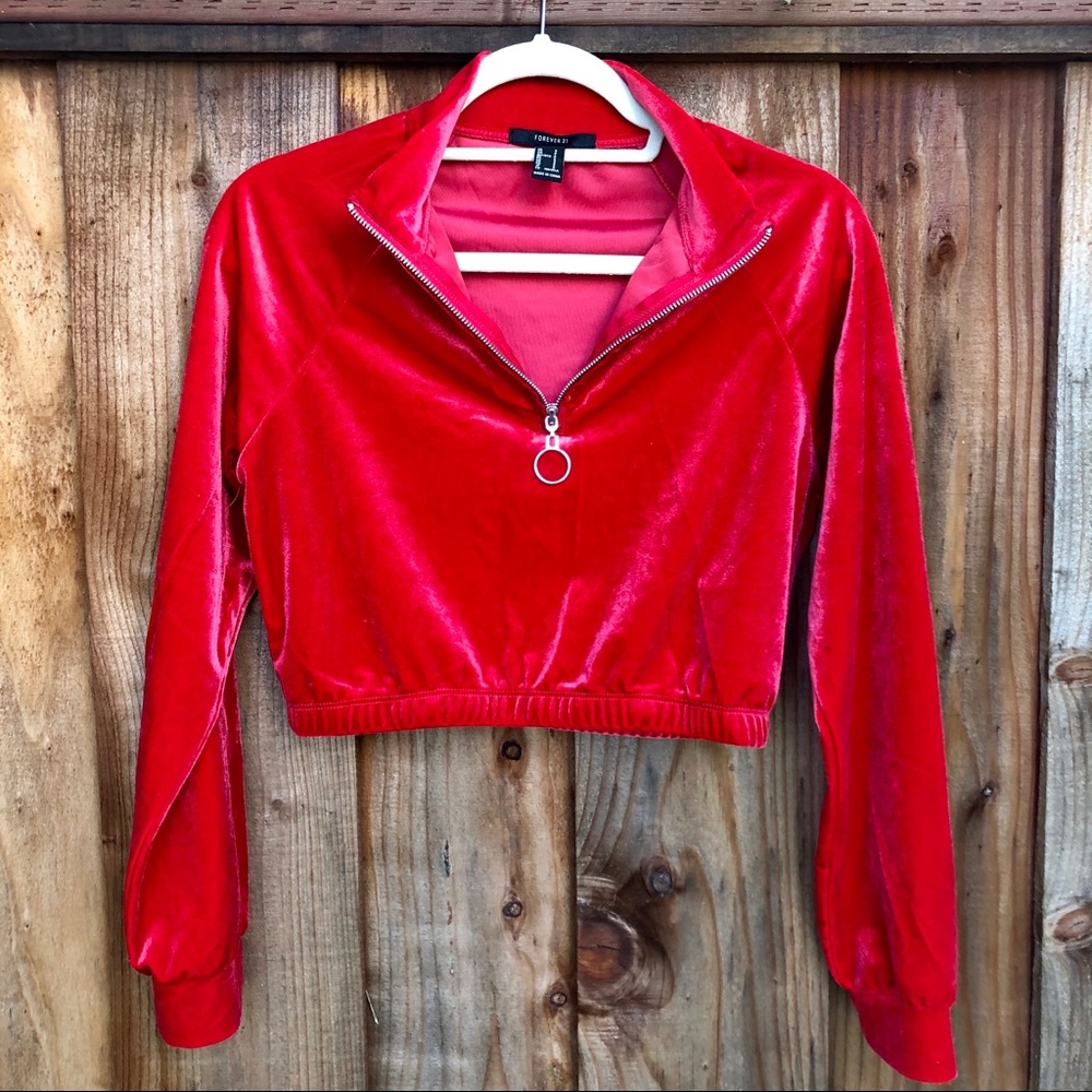 Forever21 red velvet vibrant crop quarter zip top
